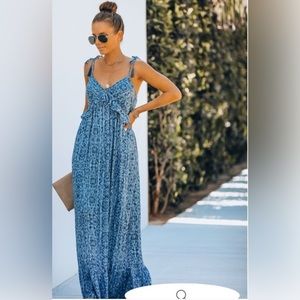 Vici Lovestitch Blue Ikat Patterned Ruffle Maxi Dress NWT